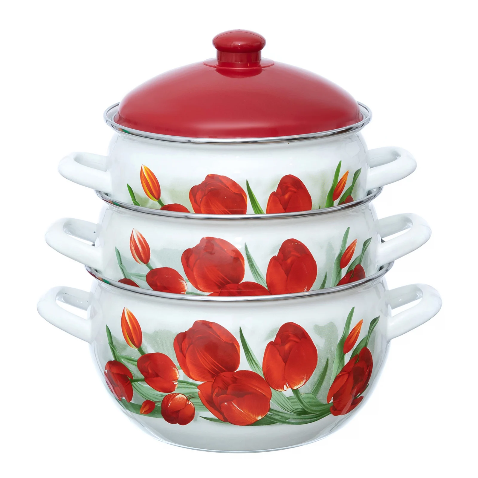 Set 3 oale emailate cu capac Arian, cantitate 3,8 litri, 4,8 litri, 6,2 litri, Rosu [2]