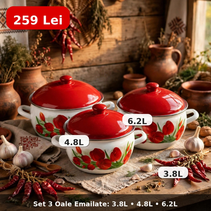 Set 3 oale emailate cu capac Arian, cantitate 3,8 litri, 4,8 litri, 6,2 litri, Rosu [3]