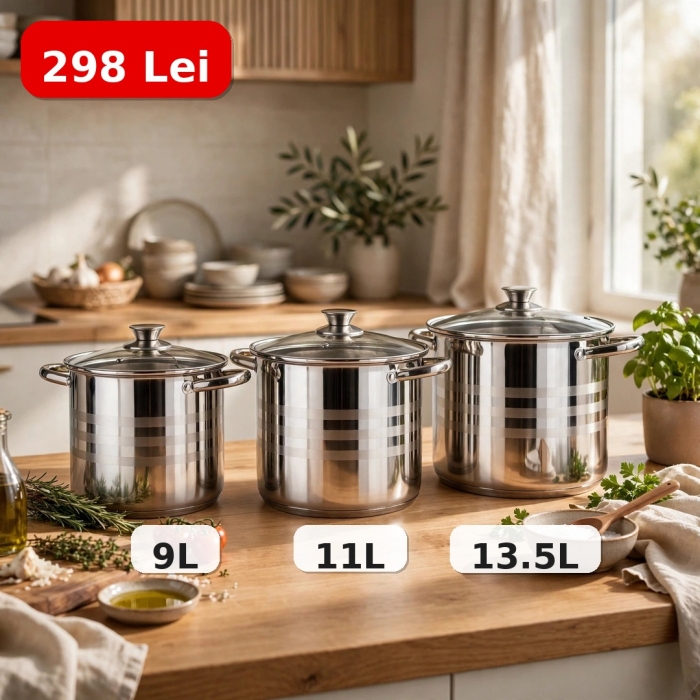 Set 3 oale inox cu capace sticla, 9L, 11L, 13.5L [2]