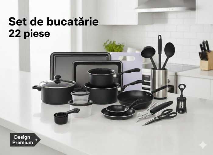 Set Bucatarie Complet, 22 Piese cu Oale, Tigai, Wok, Tavi si Accesorii pentru Gatit, Negru [4]