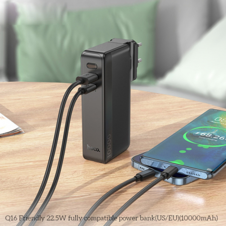 PowerBank - Baterie externa Power Bank with US / EU Plug Friendly (Q16) - USB, Type-C, 22.5W, 10000mAh - Black