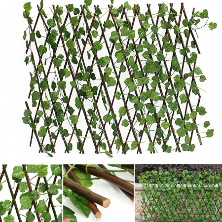 Decoratiuni - Gard artificial extensibil din lemn 200cm x 100cm, cu frunze verzi