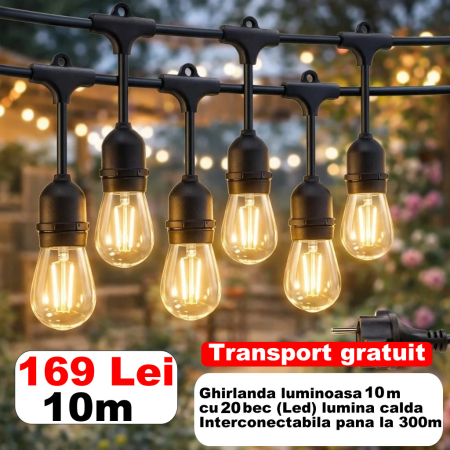 Produse - Ghirlanda luminoasa 10m cu 20 bec, lumina calda, interconectabila