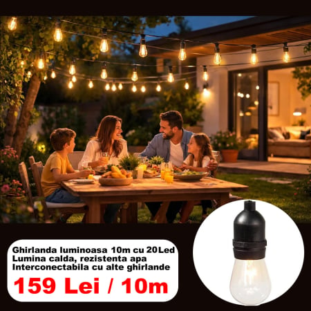 Produse - Ghirlanda luminoasa 10m cu 20 bec, lumina calda, interconectabila