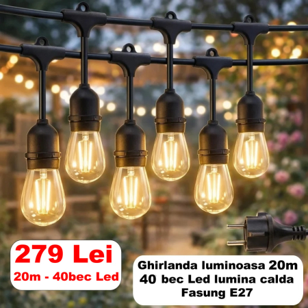 Produse - Ghirlanda luminoasa 20m cu 40bec Led lumina calda, interconectabila