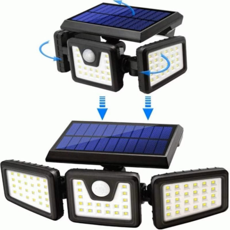     Gradinarit - Lampa tripla cu incarcare solara, 74 x LED SMD, cu senzor de miscare si lumina, brate reglabile, 3 moduri de functionare