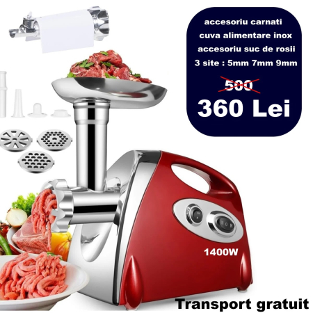 Masini de tocat - Masina electrica de tocat carne 1400W, 3 site, accesoriu carnati + suc de rosii