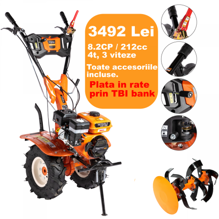     Gradinarit - Motocultor Detoolz 8.5cp 212cc, benzina 4T, 3 viteze, pornire manuala, cu roti