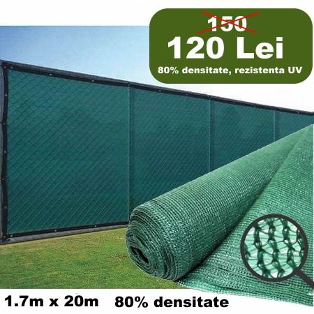 Pasa umbrire - Plasa umbrire 1,7mx20m 80g TOP, tesuta din fire de HDPE, stabilizate UV, 80grame/mp