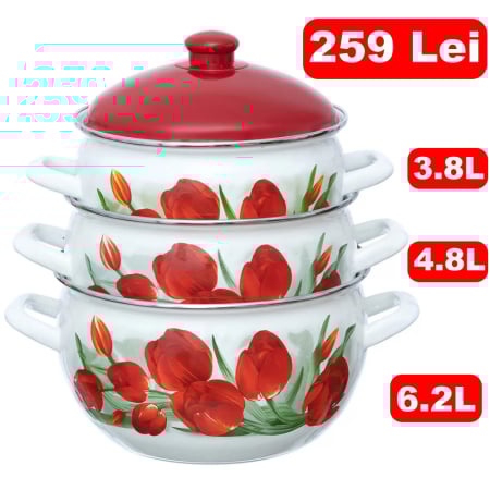 Produse - Set 3 oale emailate cu capac Arian, cantitate 3,8 litri, 4,8 litri, 6,2 litri, Rosu