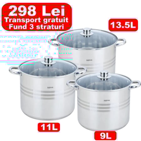 Produse - Set 3 oale inox cu capace sticla, 9L, 11L, 13.5L
