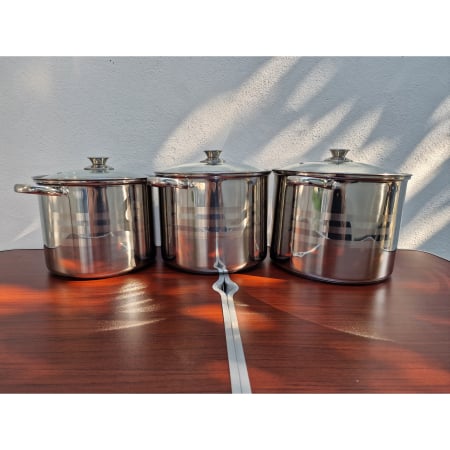 Home&Deco - Set 3 oale inox cu capace sticla, 9L, 11L, 13.5L
