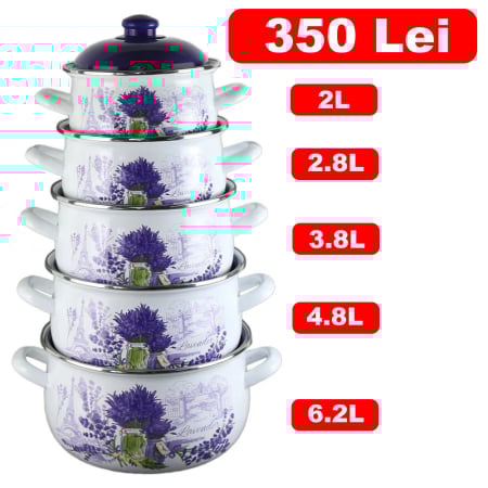 Set oale - Set 5 oale emailate cu capac Arian, cantitate 2 l, 2,8 l, 3,8 l, 4,8 l, 6,2 l, model lavanda