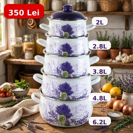 Set oale - Set 5 oale emailate cu capac Arian, cantitate 2 l, 2,8 l, 3,8 l, 4,8 l, 6,2 l, model lavanda