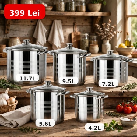 Produse - Set 5 oale inox 10 piese cu capace sticla, 4.2L, 5.6L, 7.2L, 9.5L, 11.7L