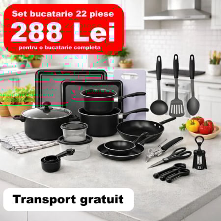 Articole bucatarie - Set Bucatarie Complet, 22 Piese cu Oale, Tigai, Wok, Tavi si Accesorii pentru Gatit, Negru