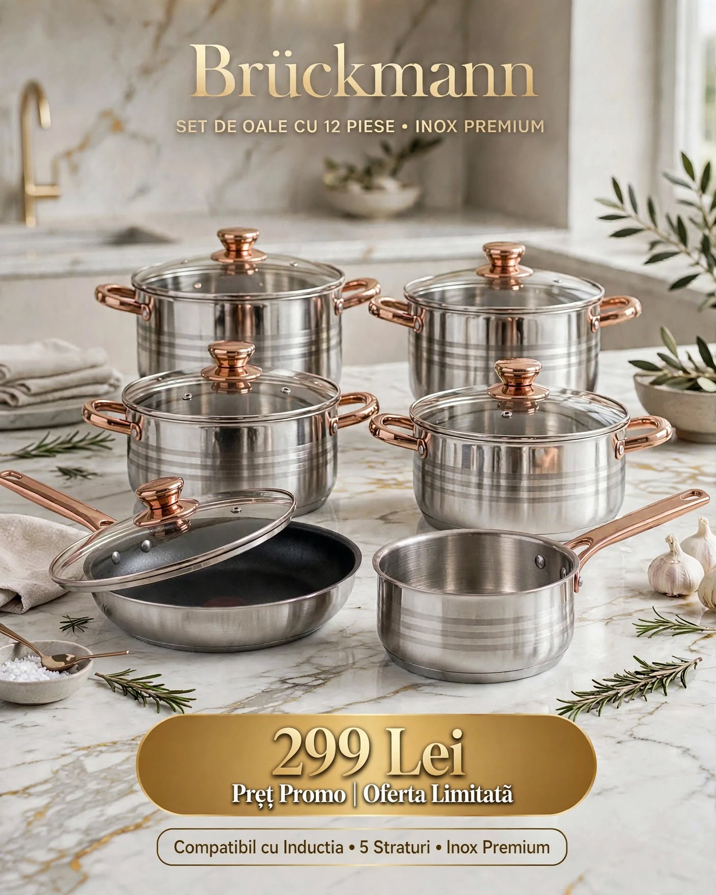 Produse - Set oale inox Bruckmann, 12 piese, capace sticla, fund multistrat, inductie,