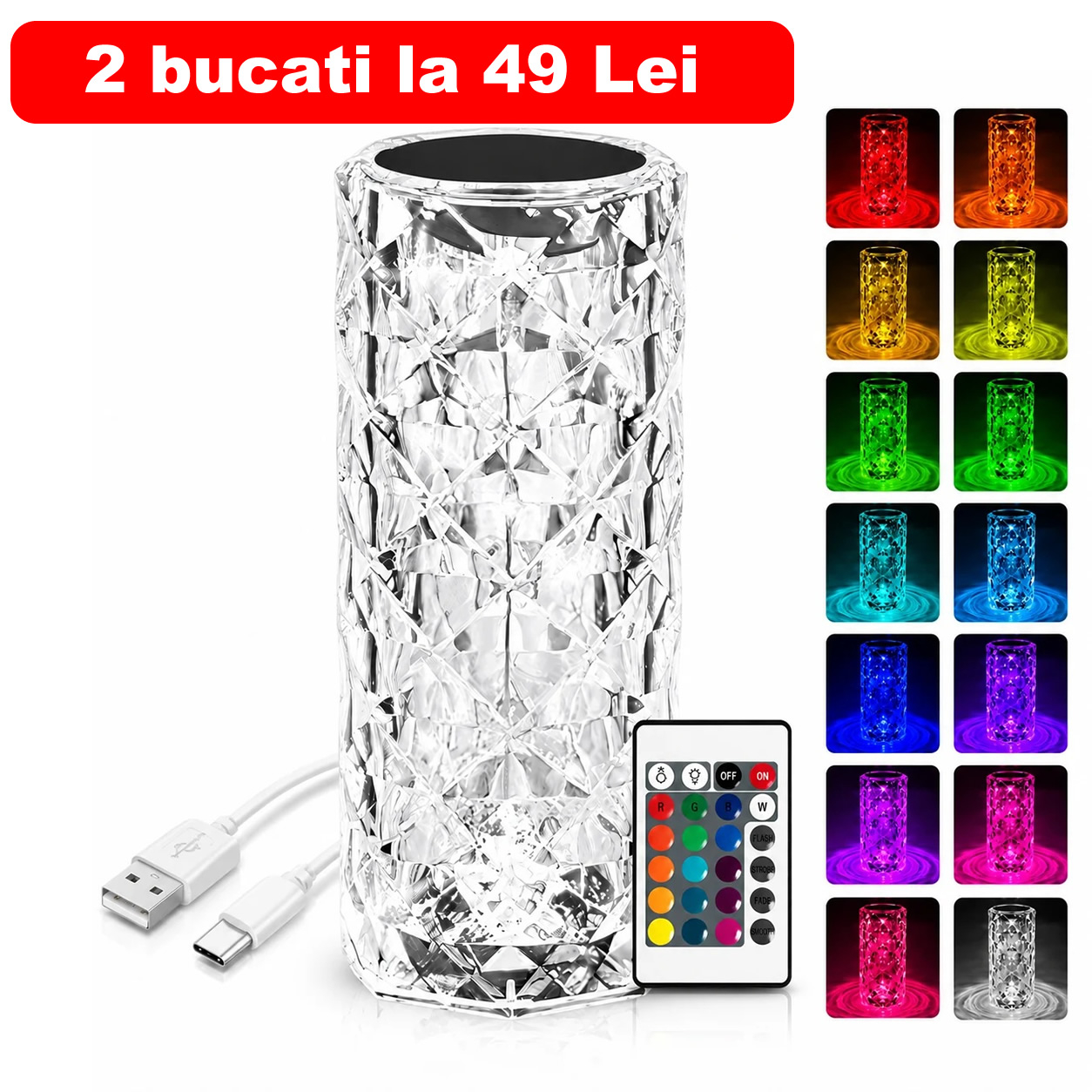 2x Lampă de veghe LED tip cristal, cu 16 culori, control tactil si telecomandă