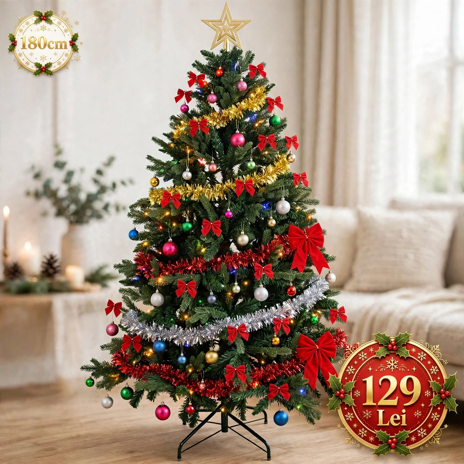 Brad de craciun artificial, 1.8 m cu suport metalic si set complet decoratiuni instalatie multicolor 100 LED-uri de 4 m
