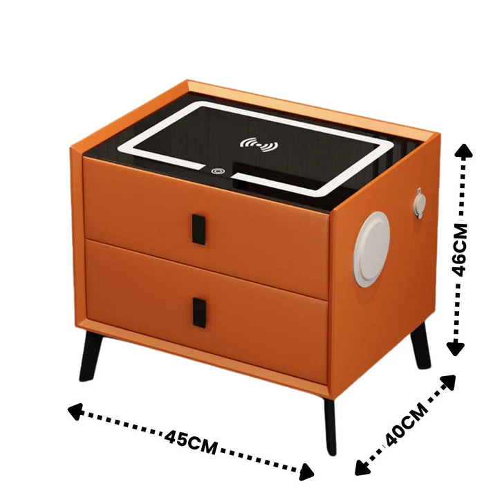 Noptieră Smart cu 2 Sertare - Încărcare Wireless, LED Ambient, Boxă Bluetooth, USB Type-C