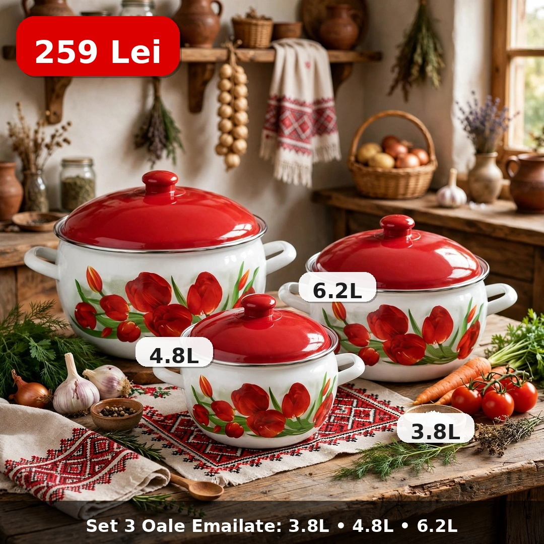 Set 3 oale emailate cu capac Arian, cantitate 3,8 litri, 4,8 litri, 6,2 litri, Rosu