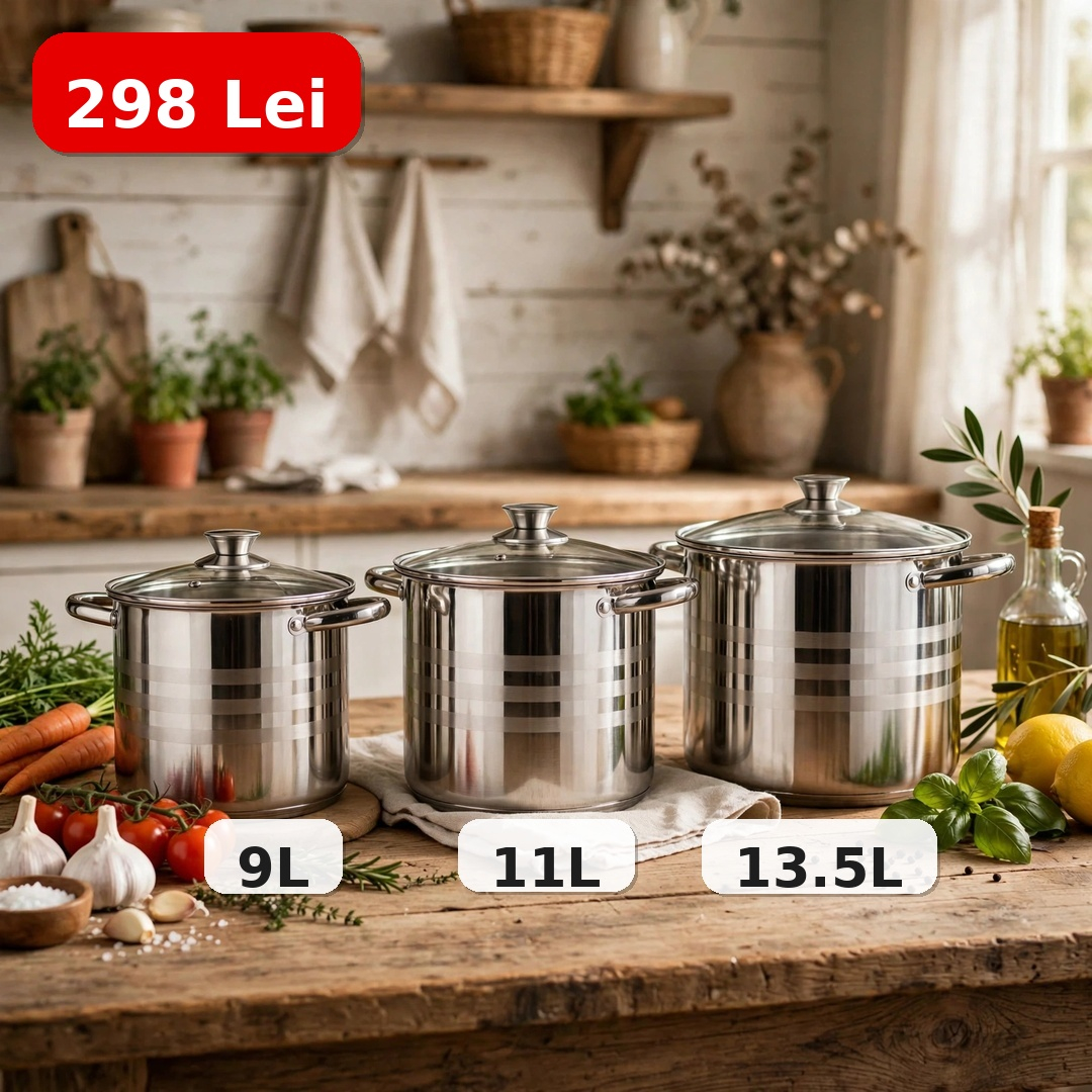 Set 3 oale inox cu capace sticla, 9L, 11L, 13.5L