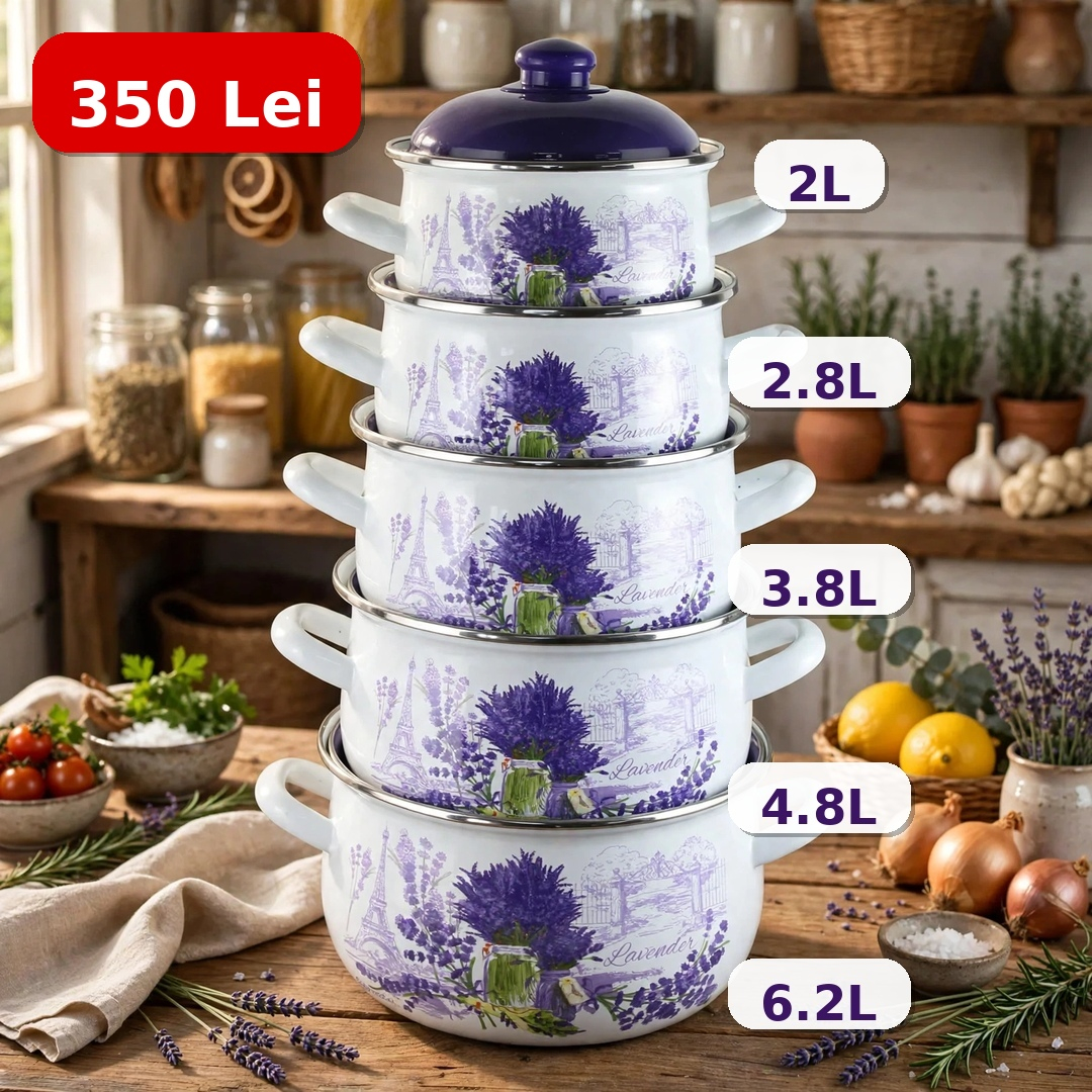 Set 5 oale emailate cu capac Arian, cantitate 2 l, 2,8 l, 3,8 l, 4,8 l, 6,2 l, model lavanda