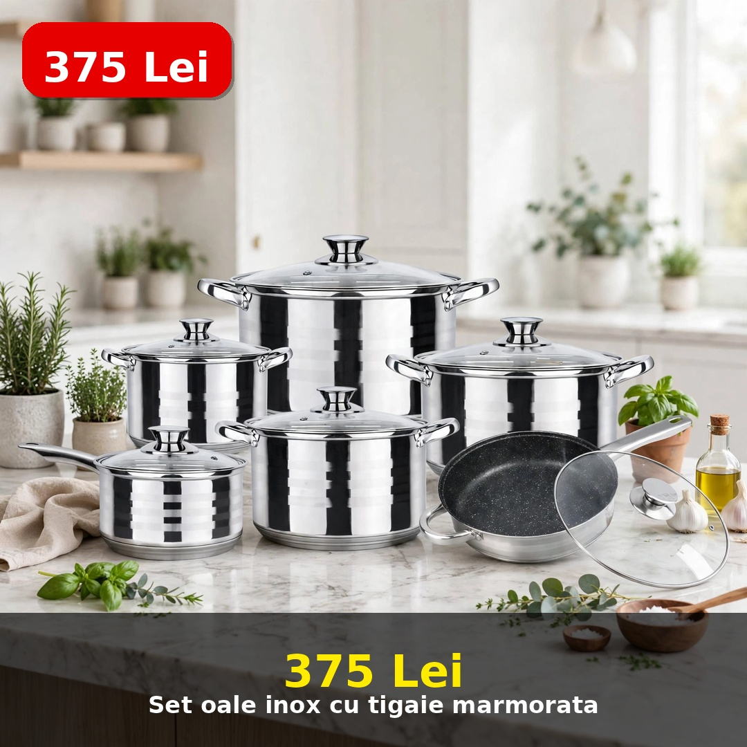 Set oale inox Swan, 12 piese, capace sticla, fund triplu, inductie, argintiu