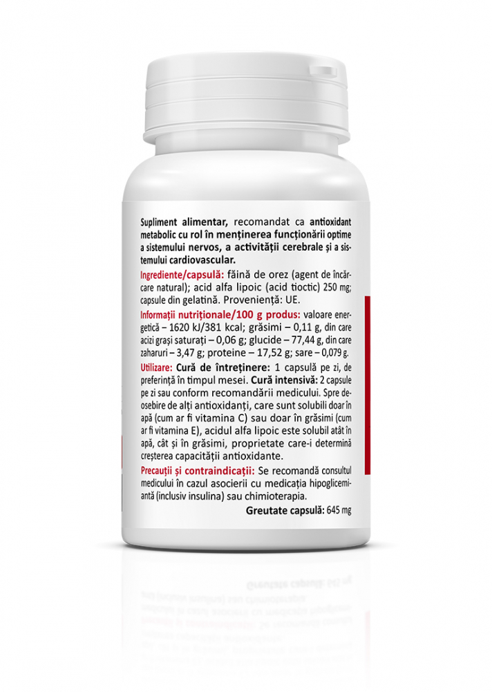 Zenyth-Alpha Lipoic Acid, 60 capsule,  250 mg   capsula, neuropatia diabetica, reducerea rezistentei la insulina, intepaturi in membre, ZENYTH [2]