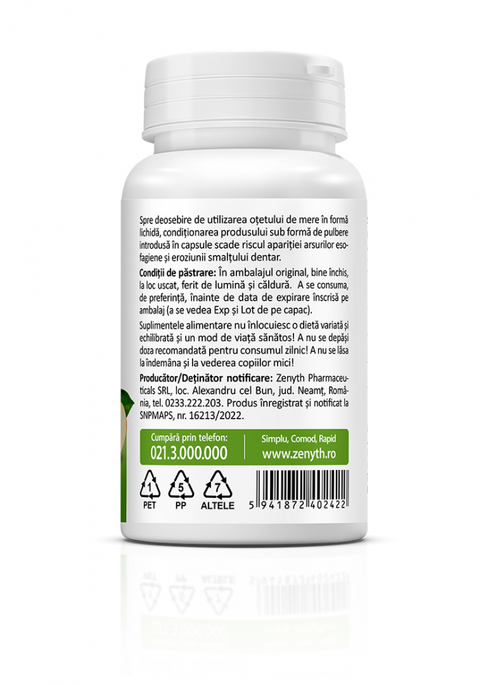 Zenyth-Apple Cider Vinegar, Otet cidru de mere, 60 capsule, slabit, glicemie, alcalinizare, digestie, detoxifiere, 100% natural, ZENYTH [3]