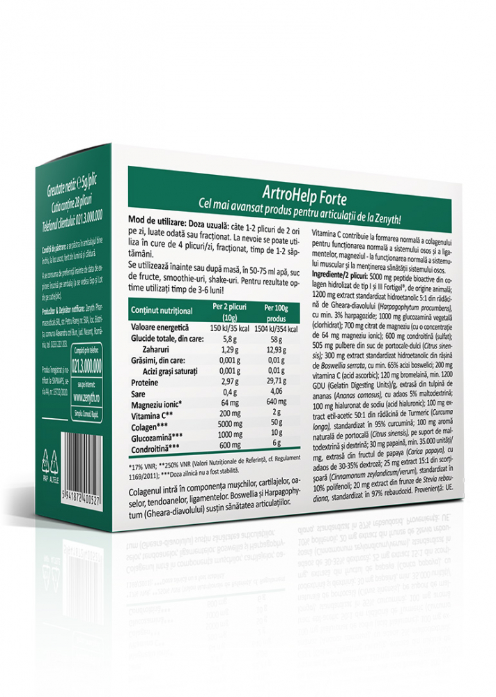 Zenyth-ArtroHelp Forte, 28 plicuri, Dureri articulare, Colagen hidrolizat tip I si III, glucozamina, condroitina, acid hialuronic,Boswellia, ZENYTH [2]