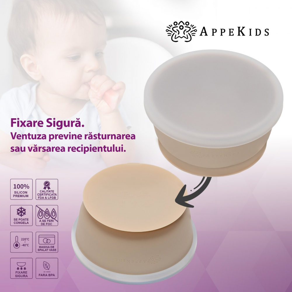 Bol din silicon cu ventuza si capac, AppeKids - Bubble Beige [4]