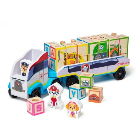 Melissa & Doug-Camion cu remorca, 28 cuburi din lemn cu litere si 3 figurine Paw Patrol, Patrula Catelusilor [1]