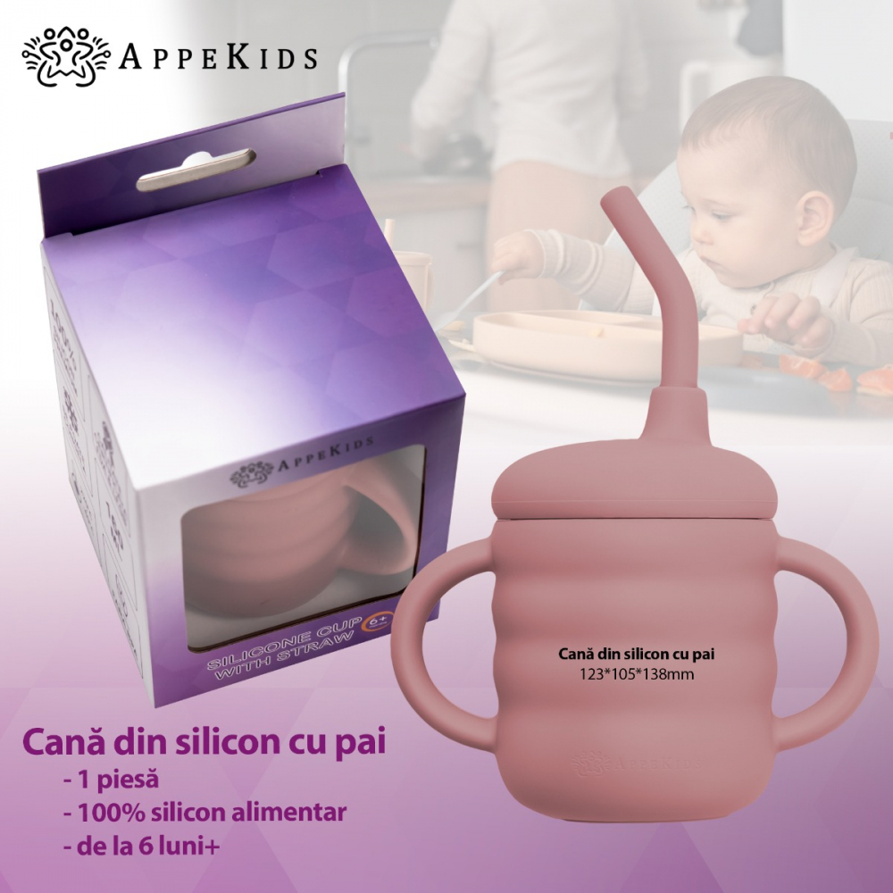 Cana din silicon cu pai, AppeKids - Old Rose [2]
