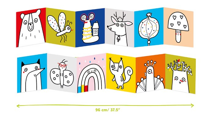 Carte de colorat pentru bebelusi Banana Panda Ready To Colour, Animale din Padure, 23 ilustratii simple, 2 carti tip acordeon, 96 cm lungime [1]