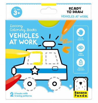 Carte de colorat pentru bebelusi Banana Panda Ready To Draw, Vehicule la lucru, 23 ilustratii simple, 2 carti tip acordeon, 96 cm lungime [1]