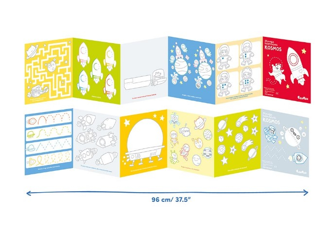 BANANA PANDA-Carte de colorat si trasat linii pentru copii Banana Panda I Love Coloring, imagini cu Spatiul Cosmic, 12 ilustratii de trasare si colorare, 2 imagini panoramice, 2 carti tip acordeon, 96 cm [5]