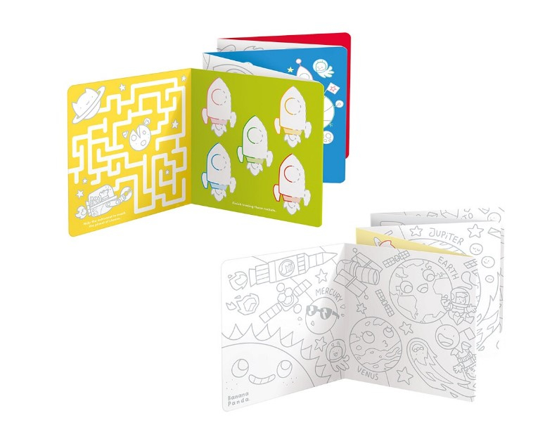 BANANA PANDA-Carte de colorat si trasat linii pentru copii Banana Panda I Love Coloring, imagini cu Spatiul Cosmic, 12 ilustratii de trasare si colorare, 2 imagini panoramice, 2 carti tip acordeon, 96 cm [4]