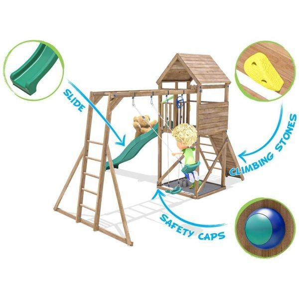 Dunster House-Complex de joaca FrontierFort Max cu Monkey Bars si 2 leagane, tobogan verde 2.9 m, Dunster House [3]