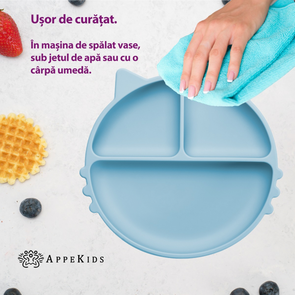 Farfurie compartimentata din silicon cu ventuza, AppeKids - Kitty - Aqua Blue [4]