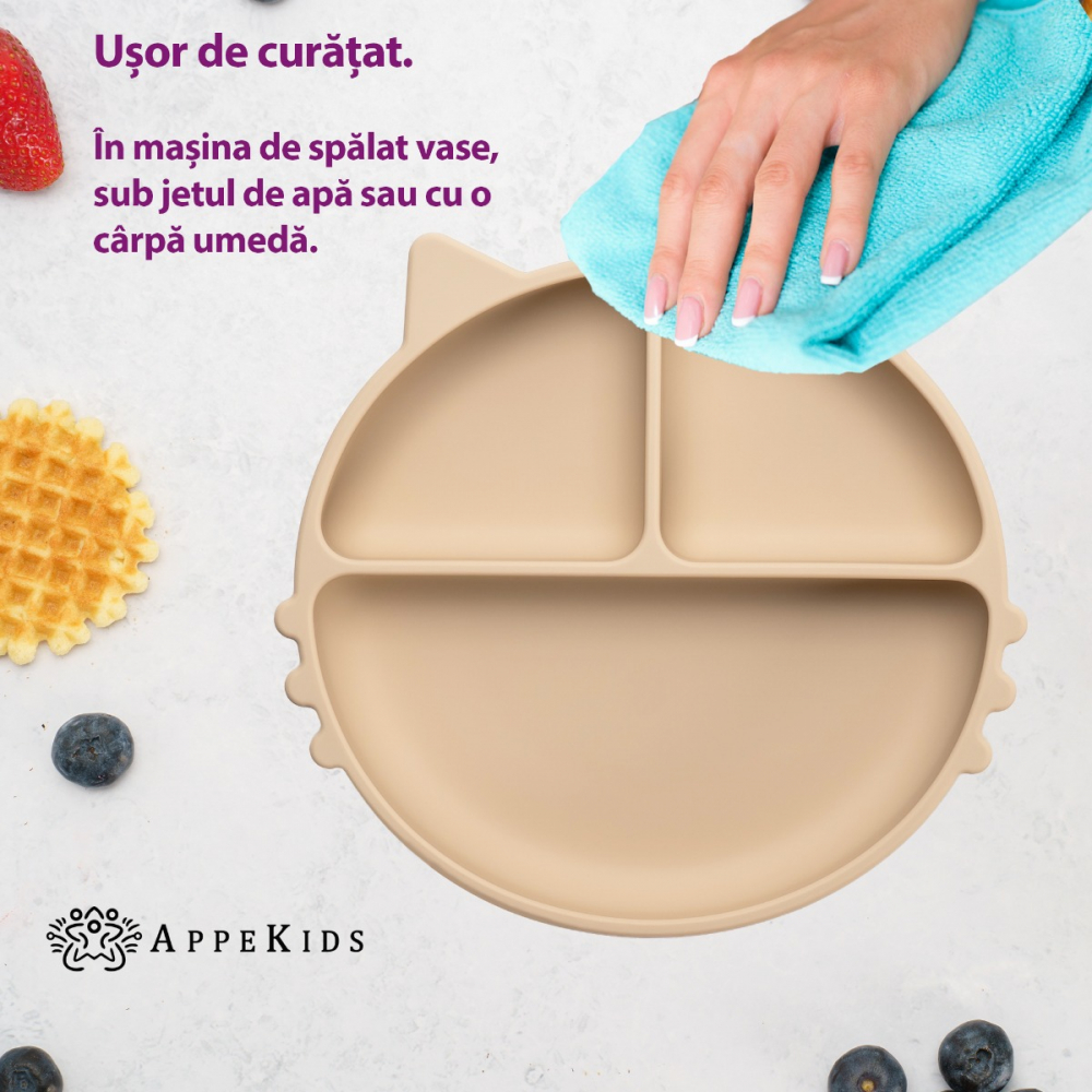 APPEKIDS-Farfurie compartimentata din silicon cu ventuza, AppeKids - Kitty - Bubble Beige [4]