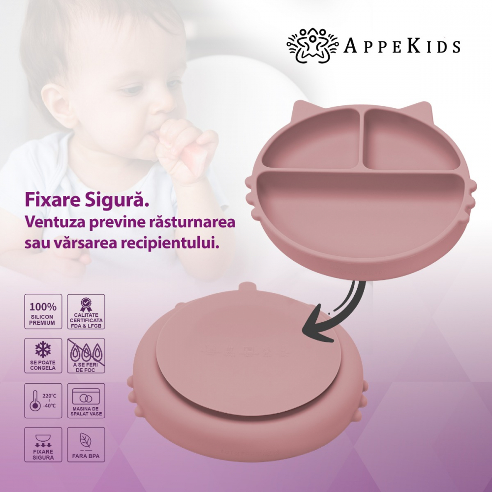 Farfurie compartimentata din silicon cu ventuza, AppeKids - Kitty - Old Rose [3]