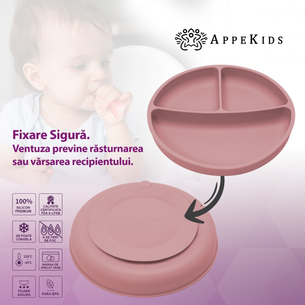 Farfurie compartimentata din silicon cu ventuza, AppeKids - Old Rose [3]