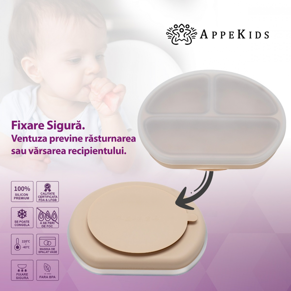 APPEKIDS-Farfurie compartimentata din silicon cu ventuza si capac, AppeKids - Bubble Beige [3]