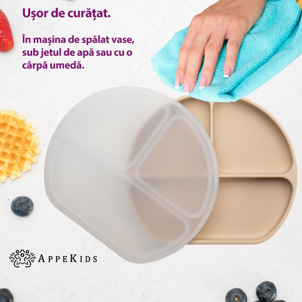 APPEKIDS-Farfurie compartimentata din silicon cu ventuza si capac, AppeKids - Bubble Beige [5]