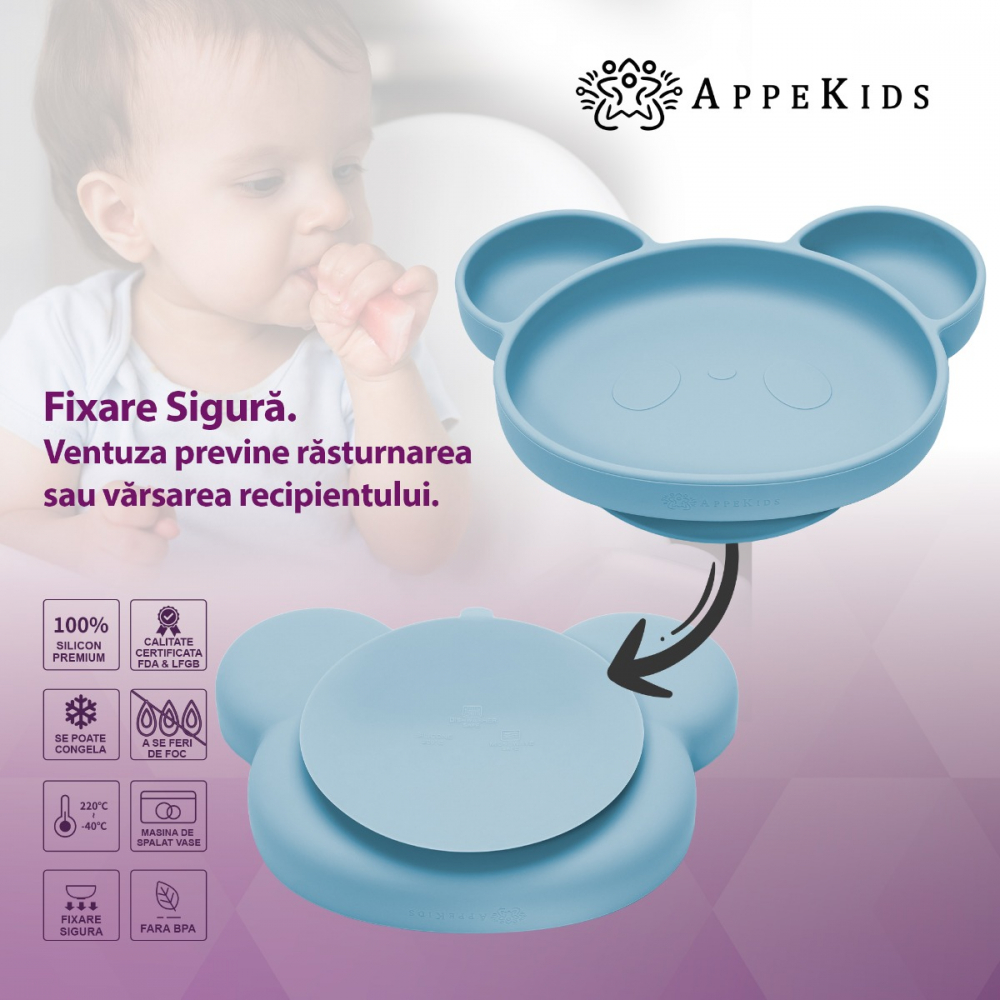 Farfurie din silicon cu ventuza, AppeKids, Panda - Aqua Blue [3]
