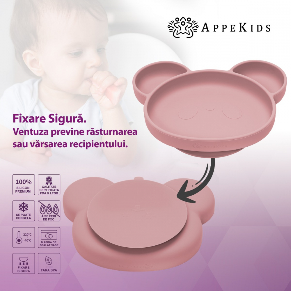 Farfurie din silicon cu ventuza, AppeKids, Panda - Old Rose [3]