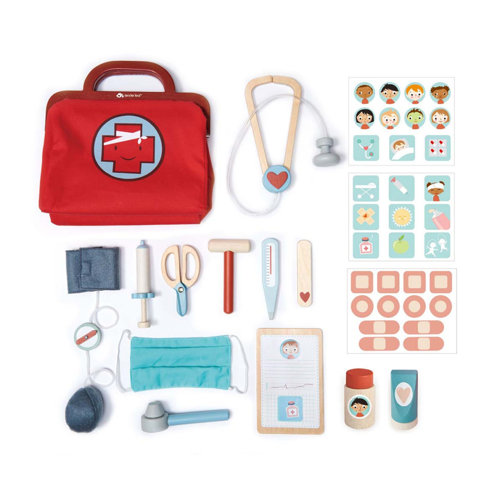 Geanta medic rosie - 16 instrumente medicale, din lemn premium - Tender Leaf Toys  [2]