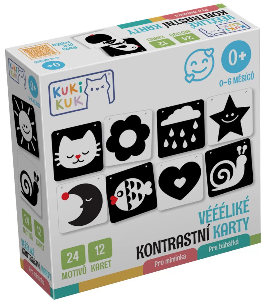 Joc educational pentru bebelusi, Flash Contrast Cards, Carduri alb-negru pentru acuitate vizuala, KuKiKuk Efko, 12 piese, 24 imagini mari contrastante, carton gros, varsta 0-6 luni [1]