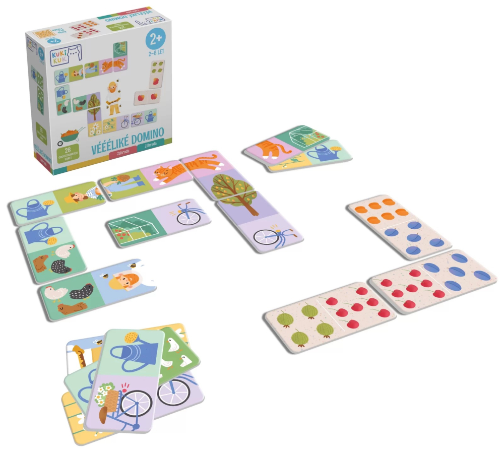 Joc educational pentru copii, Domino piese mari gigant, KuKiKuk Efko,28 piese printate pe ambele fete cu fructe si obiecte gradinarit, carton gros, animatii colorate haioase, varsta 2-6 ani [6]